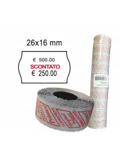 Rotolo da 1.000 etichette a onda 26x16mm con dicitura "SCONTATO". Confezione 10 rotoli.