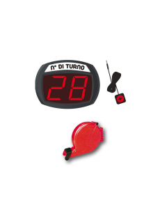 Sistema elimina code manuale, permette l'avanzamento dei numeri sul display tramite collegamento con filo da 2 metri e pulsante.
Il kit completo è composto da:
• Mini Display a 2 cifre con filo e pulsante
• Dispenser tickets in plastica
•  1 Rotolo 2.000 