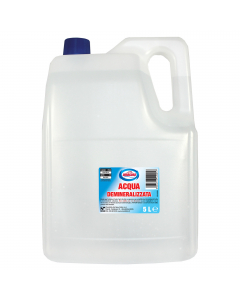 Acqua demineralizzata in tanica in PEHD colore  neutro con tappo Salva Bimbo in PP colore blu. E' ottenuta attraverso il procedimento di osmosi inversa, è priva di sali minerali, di magnesio e calcio. Ideale per batterie d’auto, ferri da stiro a vapore e 