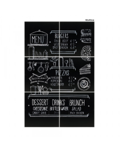 Kit composto da 6 lavagne 40x40cm per creare una lavagna XXL.  Facili da pulire, resistente ai graffi, ai raggi UV, e agli urti. Utilizzabili con marcatori a gesso liquido. Adesivi per fissaggio a perete inclusi.