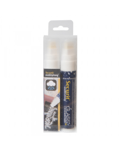 Pennarelli a gesso liquido resistenti all’acqua, per creare scritte impermeabili e resistenti su qualsiasi superficie non porosa come vetri e lavagne. Rimovibile solo con l'apposito spray Securit.