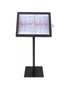 Espositore in acciaio inox verniciato colore nero. Dotato di base e bacheca display con vetro di sicurezza, posizionabile sia in orizzontale che verticale. Resistente agli agenti atmosferici, chiusura con serratura. Illuminata internamente da luci a LED b