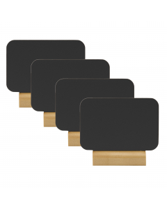 Mini lavagnetta con base in legno, puo' essere usata come segnaposto, per numerare i tavoli o semplicemente per lasciare messaggi flash. Scrivibile su entrambi i lati con base in legno duro. Fornito con 1 pennarello a gesso liquido bianco. Set da 4 lavagn