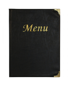 Porta menu' in pvc semplice e classico con angoli in metallo dorato. Formato da 4 buste trasparenti saldate sul dorso e 2 buste saldate sulle facce interne della copertina (per contenere in totale di 10 fogli).