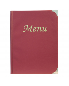 Porta menu' in pvc semplice e classico con angoli in metallo dorato. Formato da 4 buste trasparenti saldate sul dorso e 2 buste saldate sulle facce interne della copertina (per contenere in totale di 10 fogli).