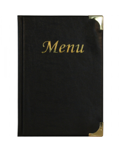 Porta menu' in pvc semplice e classico con angoli in metallo dorato. Formato da 4 buste trasparenti saldate sul dorso e 2 buste saldate sulle facce interne della copertina (per contenere in totale di 10 fogli formato a5