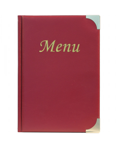 Porta menu' in pvc semplice e classico con angoli in metallo dorato. Formato da 4 buste trasparenti saldate sul dorso e 2 buste saldate sulle facce interne della copertina (per contenere in totale di 10 fogli formato A5