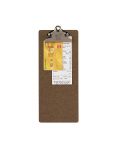 Porta conto in legno pressato con robusta clip in acciaio inox. Dimensioni: 27,7x11,4x4,3cm