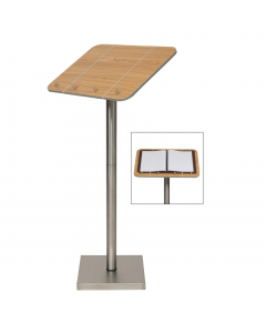 Menù stand in laminato con fasce elastiche e 4 perni in metallo per sostenere il menu. Piantana in acciaio inox. Dimensione: 54,2x36,7xH113,7cm.