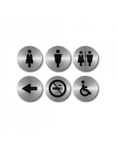 Set di 6 targhette adesive tonde Ø10cm in acciaio inox raffiguranti i 6 pittogrammi più utilizzati nei luoghi pubblici: Donna, Uomo, Donna/Uomo, Freccia, Vietato fumare, Handicap.