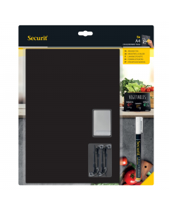 Set formato da 5 targhette nere scrivibili e cancellabili. Ideali come segnaprezzo o messaggi flash in bar, alimentari  ecc. Fornito con 1 pennarello a gesso liquido bianco, 4 supporti a spina (cod. 77154) e 2 supporti trasparenti (cod. 77153).