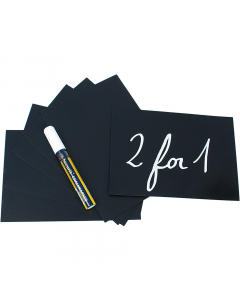 Set formato da 10 targhette nere scrivibili e cancellabili. Ideali come segnaprezzo o messaggi flash in bar, alimentari  ecc. Fornito con 1 pennarello a gesso liquido bianco, 4 supporti a spina (cod. 77154) e 2 supporti trasparenti (cod. 77153).