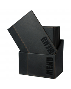 Scatola contenitore in similpelle con 20 porta menù a 4 linea Trendy (ad 1 inserto). Soluzione ideale per tenere i menù sempre in ordine e pronti all'uso! Dimensioni: 37 x 29 x 21cm. Può contenere fino a 10 inserti doppi per un totale di 40 facciate.