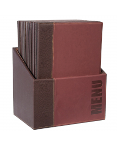 Scatola contenitore in similpelle con 20 porta menù a 4 linea Trendy (ad 1 inserto). Soluzione ideale per tenere i menù sempre in ordine e pronti all'uso! Dimensioni: 37 x 29 x 21cm. Può contenere fino a 10 inserti doppi per un totale di 40 facciate.