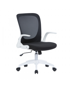 Seduta operativa con braccioli pieghevoli. Schienale in rete nera e seduta rivestita in polipropilene. Meccanismo oscillante bloccabile. Base in nylon colore bianco, elevazione a gas.  Dimensioni cm L59x P60 x H92/99,5cm. MADE IN CHINA