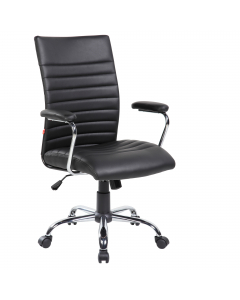 Poltrona a schienale medio rivestita in PU. Braccioli e base in acciaio con ruote in nylon. Meccanismo oscillante bloccabile. Manopola per la regolazione di tensione della spinta. Larghezza fuori tutto cm 64; Larghezza seduta cm 47; Profondità cm 57; Alte