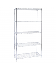 Librerie in acciaio cromato con tubolari diametro 2,54 e piedini regolabili. 5 ripiani - 36x90cm h177cm. portata max 25kg per ripiano.