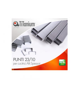 Punti metallici per alti spessori di alta qualità in acciaio zinco-cromato.

Cucitrice utilizzabile: idonee per passo 23
Capacità di cucitura: 30-70fg
Scatola da 1000 punti