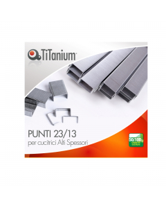 Punti metallici per alti spessori di alta qualità in acciaio zinco-cromato.

Cucitrice utilizzabile: idonee per passo 23
Capacità di cucitura: 50-100fg
Scatola da 1000 punti