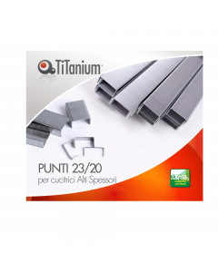 Punti metallici per alti spessori di alta qualità in acciaio zinco-cromato.

Cucitrice utilizzabile: idonee per passo 23
Capacità di cucitura: 120-180fg
Scatola da 1000 punti