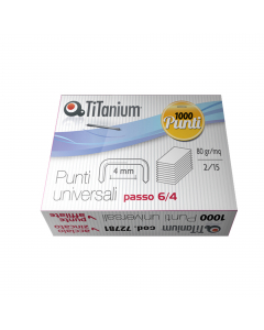 Punti universali di alta qualità in acciaio zinco-cromato.

Cucitrice utilizzabile: idone per passo 6
Quantità di fogli cucibili: 2-15fg da 80gr
Singola cf: 1000 punti