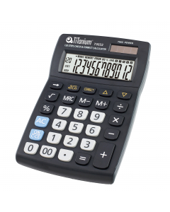 Calcolatrice ergonomica con tasti comfort. 
Display: extra-large a 12 cifre. 
Doppia alimentazione: batteria e solare. 
Funzione brevettata Check&Correct (memorizza le ultime 120 battute con possibilità di controllo ed eventuale correzione): si. 
Tasti Me