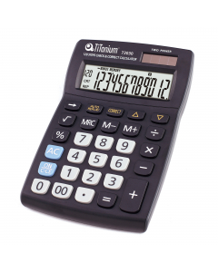 Calcolatrice ergonomica con tasti comfort. 
Display: extra-large a 12 cifre. 
Doppia alimentazione: batteria e solare. 
Funzione brevettata Check&Correct (memorizza le ultime 120 battute con possibilità di controllo ed eventuale correzione): si. 
Tasti Me
