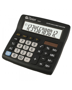 Calcolatrice con tastiera large. 
Display: grande a 12 cifre. 
Doppia alimentazione: batteria e solare. 
Funzione brevettata Check&Correct (memorizza le ultime 120 battute con possibilità di controllo ed eventuale correzione): si. 
Tasti Memoria: si. 
Cal