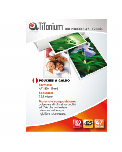 Pouches a caldo 

Formato: A7 (80x11mm)
Spessore micron: 2x125
Pezzi per cf: 100
Materiale composizione: polyestere di altissima qualità ed EVA 
che conferisce adesione nel tempo, rigidità e robustezza
