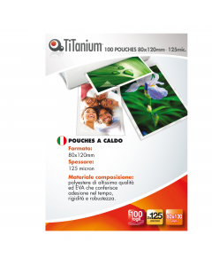 Pouches a caldo 

Formato: Swiss card (80x120mm)
Spessore micron: 2x125mic
Pezzi per cf: 100
Materiale composizione: polyestere di altissima qualità ed EVA 
che conferisce adesione nel tempo, rigidità e robustezza