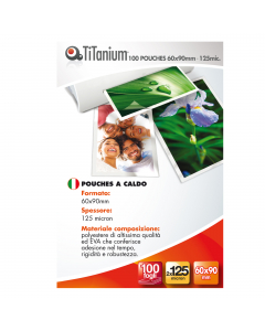 Pouches a caldo 

Formato: Business card (60x90mm)
Spessore micron: 2x125mic
Pezzi per cf: 100
Materiale composizione: polyestere di altissima qualità ed EVA 
che conferisce adesione nel tempo, rigidità e robustezza