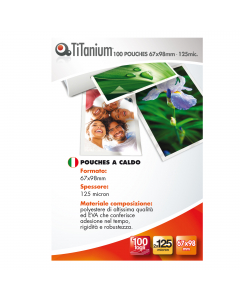 Pouches a caldo 

Formato: Badge (67x98mm)
Spessore micron: 2x125mic
Pezzi per cf: 100
Materiale composizione: polyestere di altissima qualità ed EVA 
che conferisce adesione nel tempo, rigidità e robustezza