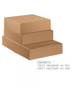 Scatola in cartone Onda colore avana. Dotata di un inserto asportabile per poter contenere fino a 3 bottiglie. Dimensioni: 34x28x9cm. L'articolo è fornito senza nastri e decori.