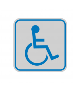 Etichette di indicazione per interni su pellicola autoadesiva colore argento opaco con pittogramma blu. Formato 82x82mm. Adatti per segnaletica in aree private.