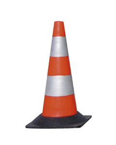 Cono in polipropilene rosso con strisce bianche rifrangenti. Base pesante in gomma. L27 x H50cm - 1850g.