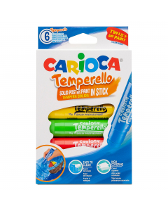 Temperello è una tempera solida. Un modo facile, divertente e pulito per disegnare e colorare senza acqua ne pennello su carta, cartoncino e legno. Non contiene solventi. Astuccio con 6 colori assortiti.