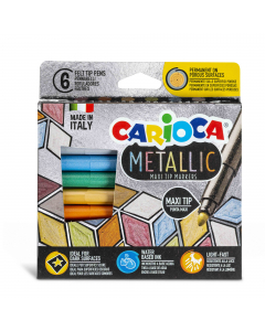 Pennarelli metallici punta maxi diam. 6mm. Ideali per superfici scure, colori permanenti su superfici porose e rimovibile su quelle lisce. Inchiostro a base d'acqua e punta bloccata. Perfetti per personalizzare oggetti come borracce e occhiali.