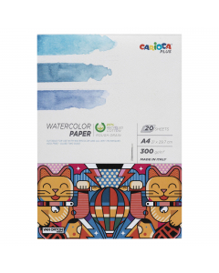 Carta certificata FSC da 300gr/m2 prodotta con il 25% di cotone riciclato perfetta per l'uso con aquerelli e tecniche umide. Grana ruvida. Album da 20 fogli.