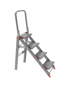 Scale robuste leggere e resistenti in alluminio anodizzato. Salita comoda grazie ai gradini piani con doppio profilo rinforzato, antisdruciolo 360x230mm. Dotate di parapetto da 60cm richiudibile ad innesto automatico. Altezza piattaforma 0,92m. UNI EN 131