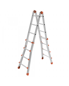 Scala in alluminio a sfilo telescopico, il tronco esterno ha la base allargata. Concepita per uso professionale intensivo. Utilizzabile come scala da appoggio, doppia a cavalletto oppure zoppa. Cerniera in acciaio brevettata con tre perni di innesto per g