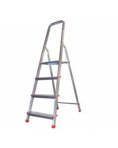 Scale domestiche leggere e resistenti in alluminio con parapetto ad arco chiuso di 60cm. Gradino antisdruciolo da 80mm fissato con doppi rivetti passanti per garantire un uso confortevole e sicuro. Piattaforma 250x265mm ad innesto rapido. Altezza piattafo