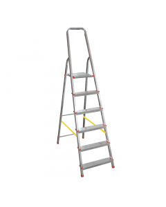 Scale domestiche leggere e resistenti in alluminio con parapetto ad arco chiuso di 60cm. Gradino antisdruciolo da 80mm fissato con doppi rivetti passanti per garantire un uso confortevole e sicuro. Piattaforma 250x265mm ad innesto rapido. Altezza piattafo