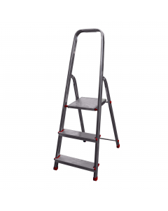 Scale domestiche leggere e resistenti in alluminio con parapetto ad arco chiuso di 60cm. Gradino antisdruciolo da 80mm fissato con doppi rivetti passanti per garantire un uso confortevole e sicuro. Piattaforma 250x265mm ad innesto rapido. Altezza piattafo