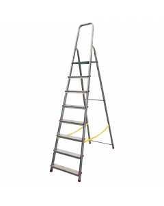 Scale domestiche leggere e resistenti in alluminio con parapetto ad arco chiuso di 60cm. Gradino antisdruciolo da 80mm fissato con doppi rivetti passanti per garantire un uso confortevole e sicuro. Piattaforma 250x265mm ad innesto rapido. Altezza piattafo