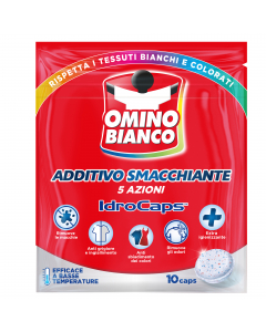 Omino Bianoc Additivo totale Idrocaps 5 in 1 è il primo additivo in comode caps idrosolubili che si dissolvono completamente durante il lavaggio senza lasciare residui o aloni. Sono pronte all’uso, da inserire direttamente nel cestello della lavatrice, pe