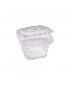 Contenitori in PP con coperchio incernierato. Ideale per cibi caldi, riscaldamento in microonde e conservazione in frigo e freezer. 
Modello:  QC0-500
Dimensioni superiori esterne: 12x12cm 
Dimensioni superiori interne: 10x10cm
Fondo:8x8cm
Altezza: 7,5cm
