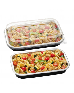 Contenitori in alluminio stirato laccati neri con coperchio trasparente in R-Pet ( con oltre 45% di PET riciclato ottenuto da macinato di bottiglie di plastica post-consumo). Idonei per forno tradizionale ed microonde grazie all'elevata rigidità, conducib