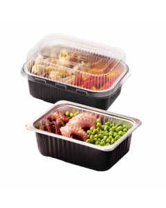 Contenitori in alluminio stirato laccati neri con coperchio trasparente in R-Pet ( con oltre 45% di PET riciclato ottenuto da macinato di bottiglie di plastica post-consumo). Idonei per forno tradizionale ed microonde grazie all'elevata rigidità, conducib