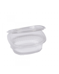 Contenitori ovali in PET con coperchio incernierato. Ideali per cibi freddi, con conservazione in frigo e freezer.
Modello:  G0-250
Dimensioni superiori esterne:12,2 x 10,4
Dimensioni superiori interne:10,3 x 8,2cm
Fondo: 9,5 x 7,4cm
Altezza: 3,8
Capacità