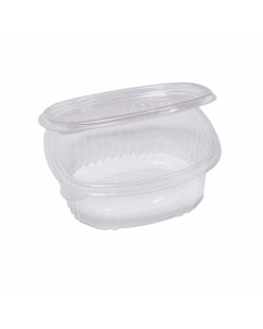 Contenitori ovali in PET con coperchio incernierato. Ideali per cibi freddi, con conservazione in frigo e freezer.
Modello:  G1-500
Dimensioni superiori esterne: 14 x 11,9cm
Dimensioni superiori interne: 12,1x 9,6 cm
Fondo: 10,9 x 8,5cm
Altezza: 5cm

Capa